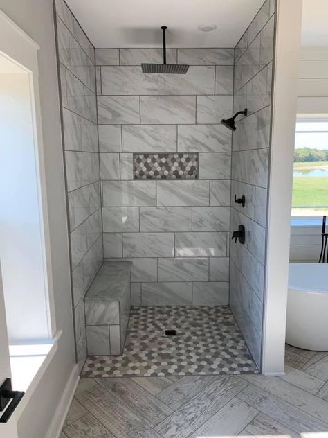 Shower Remodel No Glass Door, Tile Shower Stall Ideas, Walkin Shower Tile Ideas, Small Shower Tile Ideas, Washroom Decor Ideas, Modern Bathroom Tiles, Shower Tile Combinations, Shower Layout, Shower Makeover