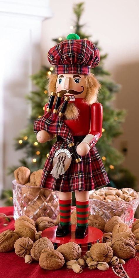 Christmas Tree Smell, Christmas Toy Soldiers, Cottagecore Christmas, Nutcracker Figures, Nutcracker Christmas Decorations, Wooden Nutcracker, Plaid Hat, Cottage Christmas, Bagpipes