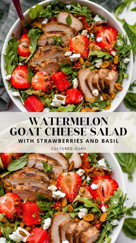 Watermelon Goat Cheese Salad, Salad With Strawberries, Goat Cheese Stuffed Chicken, Different Salads, Italian Pasta Dishes, Honey Mustard Dressing, Easy Salad, Refreshing Food, Fun Salads