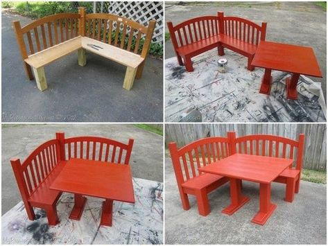 DIY Headboard Corner Bench #Furniture, #Recycle Recycle Garden, Hammock Diy, Diy Kids Table, Playroom Table, Repurposed Headboard, Old Cribs, Tire Garden, Old Headboard, Diy Hammock