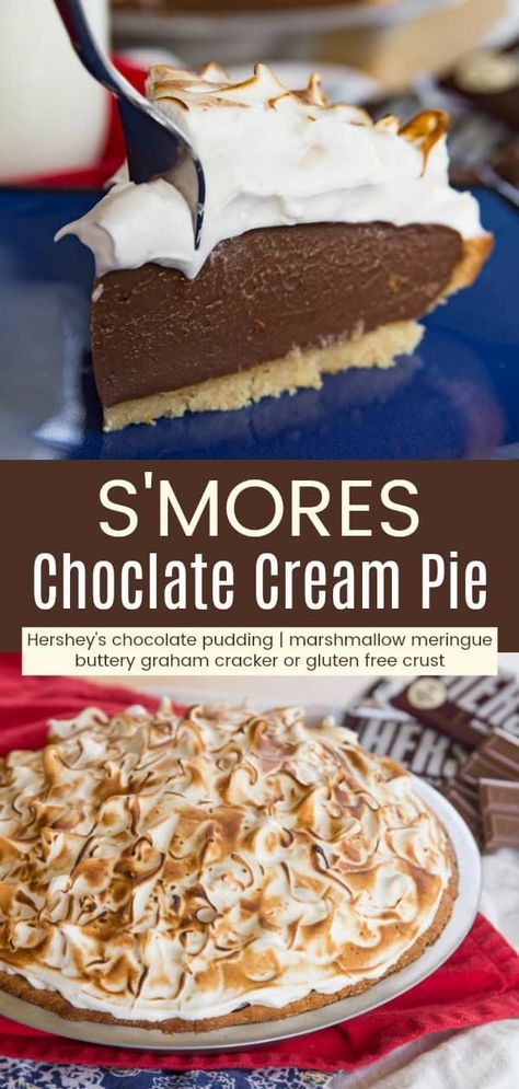 Milk Chocolate Pudding, Chocolate Pudding Pie Recipe, Pudding Pie Recipes, Marshmallow Meringue, Chocolate Pudding Pie, Roasted Marshmallow, Marshmallow Topping, Chocolate Pie With Pudding, Pudding Pie