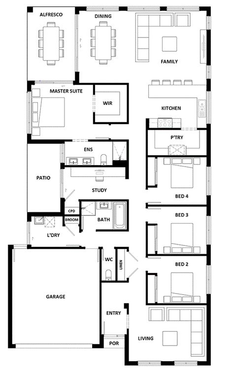 Mica 260 Home - New House Designs at Hotondo 30 X 60 House Plans Layout North Facing, House Plan With Dimensions In Meters, Harkaway Homes Australia Floor Plans, Hotondo Homes, House Construction Plan, New Home Designs, Master Suite, House Plans, Floor Plans