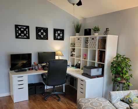 Ikea Kallax Home Office, Office And Room Combo, Kallax And Alex Desk, Alex Kallax Desk, Alex And Kallax Desk, Kallax Craft Desk, Kallax Ikea Office, Home Office Kallax Ideas, Ikea Corner Office