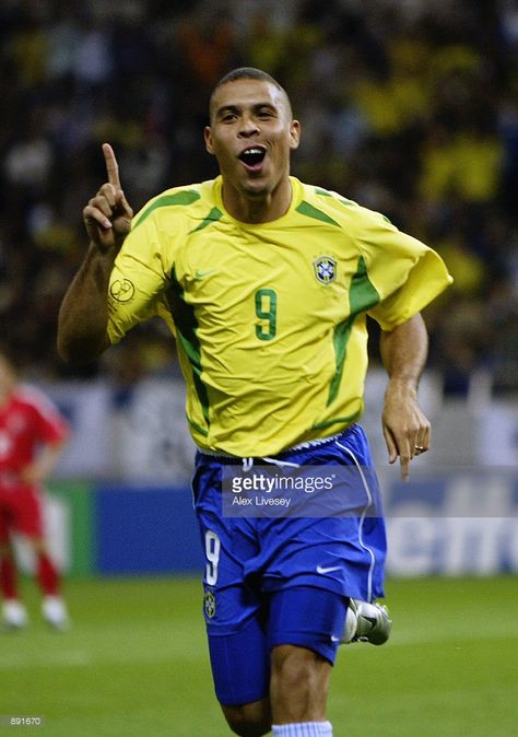 Ronaldo of Brazil celebrates scoring the winning goal during the FIFA World Cup Finals 2002 Semi-Final match between Brazil and Turkey played at the Saitama Stadium, in Saitama-Ken, Japan on June 26, 2002. Brazil won the match 1-0. DIGITAL Ronaldo R9, Ronaldo Brazil, 2002 World Cup, Football Pics, Turkey Stock, World Cup Final, Football Pictures, School Football, Semi Final