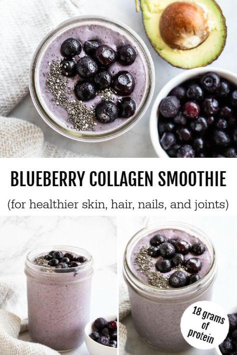 A delicious blueberry collagen smoothie packed with goodness to help promote healthy hair, skin, nails, and joints. Kind of like anti-aging in a glass. #collagen #gelatin #smoothie #dairyfree #guthealth #blueberry #paleosmoothies Dairy Free Smoothie Recipes, Nourishing Smoothies, Skin Smoothie, Collagen Smoothie, Free Smoothie Recipes, Anti Aging Smoothie, Banana Apple Smoothie, Collagen Recipes, Dairy Free Smoothies