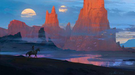 Raphael Lacoste, Pulp Western, Scifi Alien, American Advertising, Fantasy Backgrounds, Artist Reference, Two Moons, Matte Painting, Fantasy Art Landscapes