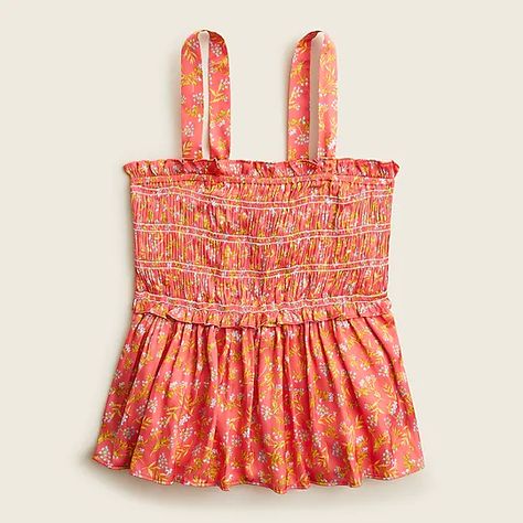 J.Crew: Smocked Featherweight Satin Tank In Coral Meadow Floral For Women Cotton Shirts Women, Satin Tank Top, Velvet Tank Top, Layering Tank Tops, J Crew Women, Jcrew Collection, Spaghetti Strap Tank Top, Silk Tank Top, Tank Top Bras