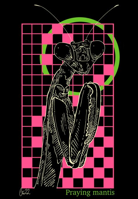 Pink grit with a drawn praying mantis pop colors Praying Mantis Wallpaper, Praying Mantis Drawing, Praying Mantis Art, Mantis Drawing, Pray Mantis, Cute Couple Halloween Costumes, Pop Art Illustration, Indie Art, Pop Art Style