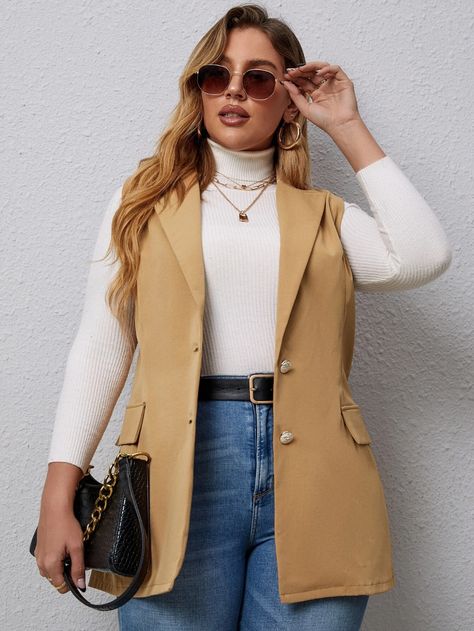 Beige Sleeveless Blazer Outfit, Sleeveless Vest Outfit, Outfit Gorditas, Sleeveless Blazer Outfit, Plus Size Blazers, Outfits Gorditas, Plain Vest, Outfit Blazer, Blazer Outfits For Women