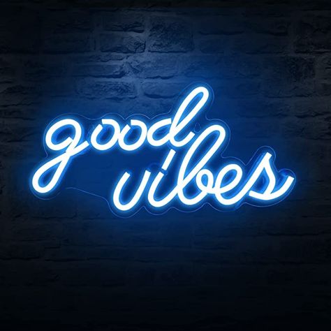 Good Vibes Neon Sign, Vibes Neon Sign, Neon Sign For Bedroom, Neon Lights Bedroom, Blue Neon Lights, Sign For Bedroom, Ice Blue Color, Pub Decor, Neon Sign Bedroom