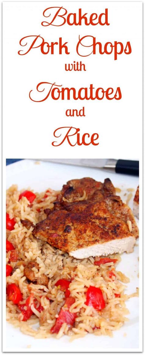 Baked Pork Chops with Tomatoes and Rice. Seasoned and browned pork chops bake on top of a tomato and rice mixture. Pork Chop Recipes Rice, Pork Chops With Tomatoes, Pork Chop Rice Casserole, Tomato And Rice, Pork Chop Rice, Tomatoes And Rice, Skillet Pork Chop Recipes, Baked Boneless Pork Chops, Parmesan Tomatoes