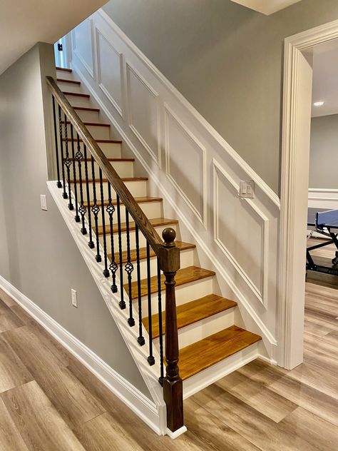 Stairway Molding Trim Work, Staircase Molding Ideas, Staircase With Molding, Paneling On Staircase, Wall Trim On Stairs, Wainscoting For Stairs, Box Trim Staircase, Stairway Trim Wainscoting, Waynes Coating Staircase