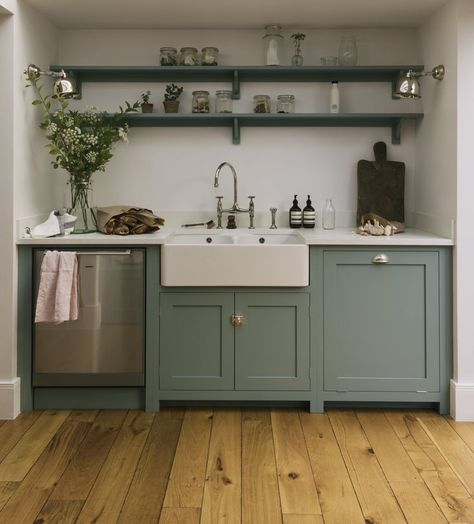 Kitchenette Ideas, British Kitchen, Basement Kitchenette, Small Kitchenette, Devol Kitchens, Basement Kitchen, Green Cabinets, Shaker Kitchen, Cooking Area