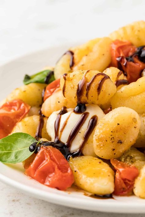 Caprese Gnocchi Sheet Pan Recipe - The Savory Cipolla Caprese Gnocchi, Gnocchi Sheet Pan, Tomato Basil And Mozzarella, Easiest Dinner, Summer Pasta Recipes, Caprese Recipes, Baked Gnocchi, Pan Recipe, Sheet Pan Dinners Recipes