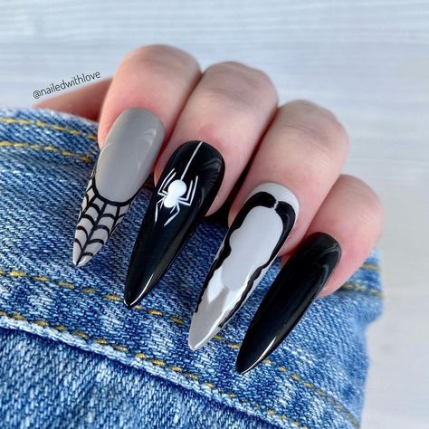 Super cute & long Wednesday Addams nails by @nailedwithlove⁣! 🕷️🖤⁠ ↓ ↓⁠ ★⁠ ★⁠ ★ TOOFAST.COM ★ ⁠ ★⁠ #wednesdayaddams #addamsfamily… Wednesday Addams Nails Art, Black Nails Wednesday, Wednesday Nails Art, Wednesday Halloween Nails, Wednesday Addams Nail Designs, Halloween Nails Wednesday Addams, Wednesday Nail Designs, Wednesday Addams Inspired Nails, Wednesday Inspired Nails