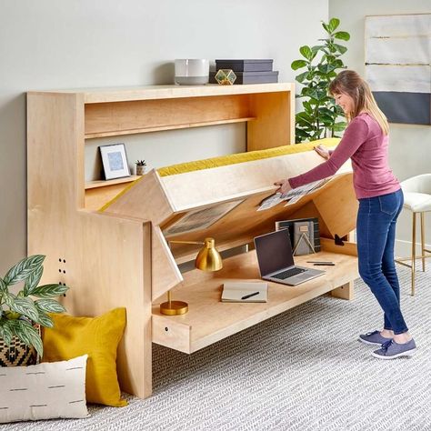 Folding Desk Bed, Murphy Bed With Stay Level Desk, Murphy Desk Bed, Murphy Bed Plans How To Build, Diy Murphy Bed With Desk, Desk Over Bed, Murphy Bed Office Guest Bedrooms, Office Murphy Bed, Murphy Bed Bookcase