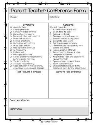 Parent Teacher Conference Form! Checklist for students' strengths & areas for improvement. Open space to write in test results, grades, & ways for parents to help at home. This form would make Parent Teacher Conferences so much easier and save lots of time!! Parent Teacher Conference Wording, Parent Teacher Conference Strengths And Weaknesses, Conference Forms For Teachers, Free Parent Teacher Conference Forms, Parent Teacher Conference Glows And Grows, Iep Strengths And Weaknesses, Parent Teacher Conference Forms Prek, Kindergarten Conference Form, Student Strengths And Weaknesses List