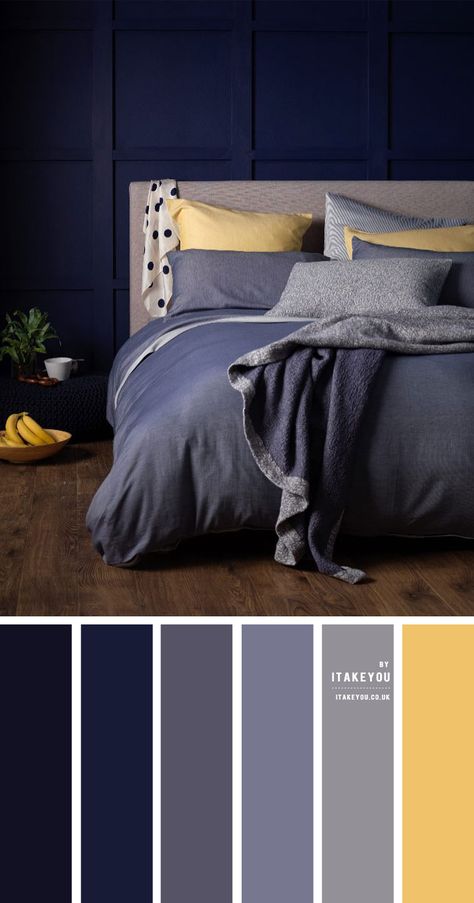 Grey and Rose Gold Bedroom 1 - I Take You | Wedding Readings | Wedding Ideas | Wedding Dresses | Wedding Theme Blue Yellow Bedrooms, Grey Colour Scheme Bedroom, Mustard Bedroom, Grey Bedroom Colors, Blue Bedroom Colors, Blue Gray Bedroom, Dark Blue Bedrooms, Navy Blue Bedrooms, Color Combinations Home