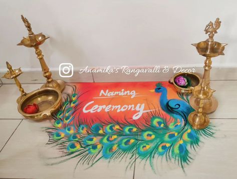 A glimpse of the Naming Ceremony's beauty. Rangoli+Decor+Name Reveal Board #NamingCeremony #TraditionMeetsBeauty #SpecialMoments #Celebration #ElegantDecor #BabyNaming #JoyfulOccasion #HeartfeltCelebration #anamikasrangavalli #namingceremonyrangoli Name Ceremony Rangoli, Rangoli For Naming Ceremony, Name Ceremony Decoration At Home, Name Ceremony, Naming Ceremony Decoration, Name Reveal, Rangoli Art, Naming Ceremony, Flower Rangoli