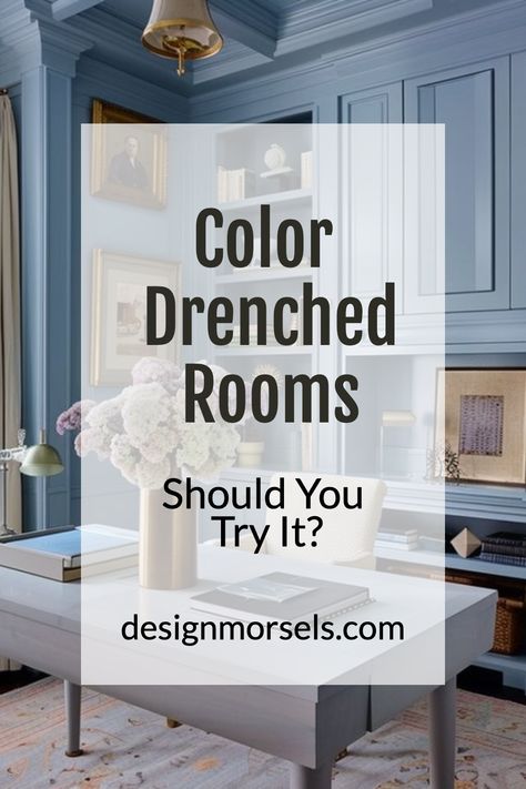 color drenched rooms should you try it All Blue Painted Room, Interior Wall Colors Living Room Modern, Cool Bedroom Paint Colors, French Blue Living Room Walls, Bold Interior Color Schemes, Dark Wood Floors And Paint Colors, Living Room Color Drench, Large Living Room Wall Color Ideas, Paint Colors For Den Family Rooms