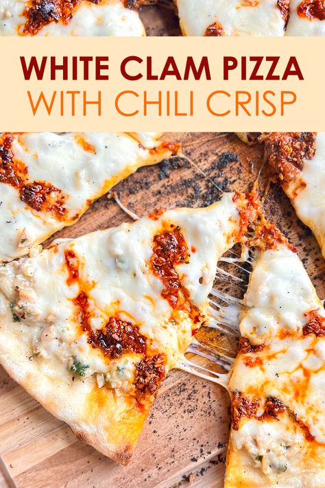 Slices of White Clam Pizza with Chili Crisp pulled apart on a cutting board White Clam Pizza Recipe, Clam Pizza White, Chili Crisp Recipe Ideas, Clam Pizza, Seafood Pizza Recipes, Shrimp Pizza, Italian Seafood, Parmesan Pizza, White Clam Sauce