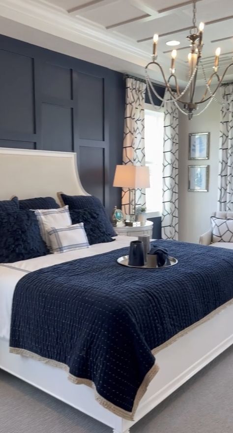 Navy Blue Master Bedrooms Decor, Navy Farmhouse Bedroom, Cream And Navy Bedroom, Gray And Navy Bedroom, Navy And Cream Bedroom, Navy Accent Wall Bedroom, Blue And Grey Bedroom, Navy Blue Bedroom Ideas, Navy Bedroom