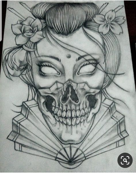 Mexican Art Drawing Ideas, Mexican Style Drawings, Geisha Skull Tattoo, Drawing Tattoo Sketches Ideas, Mexican Drawings Sketches, Half Skull Tattoo, Mexican Drawings, Geisha Tattoos, Geisha Tattoo Design