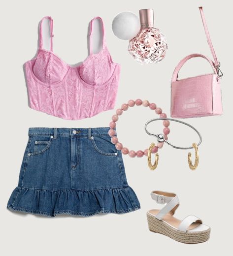 Pink corset top , frilly denim skirt , pink bag , sandals , holiday outfit , Denim Skirt Outfits, Pink Corset, Pink Top, Pink Outfit, Jean Skirt, Eras Tour, Corset Top, Skirt Outfits, Pink Tops