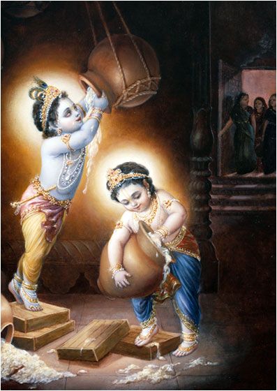 Krishna and Balarama would sometimes steal butter from the gopis homes. While the gopis were engaged in their household duties, Krishna and Balarama would enter a dark room and light the room with the glittering jewels on their bodies. Then they would pile wooden planks to reach the butter pots hanging high from the ceiling. Iskcon Krishna, Baby Krishna, Jai Shree Krishna, Lord Krishna Wallpapers, Hindu Mythology, Krishna Janmashtami, Krishna Radha Painting, Radha Krishna Images, Krishna Radha