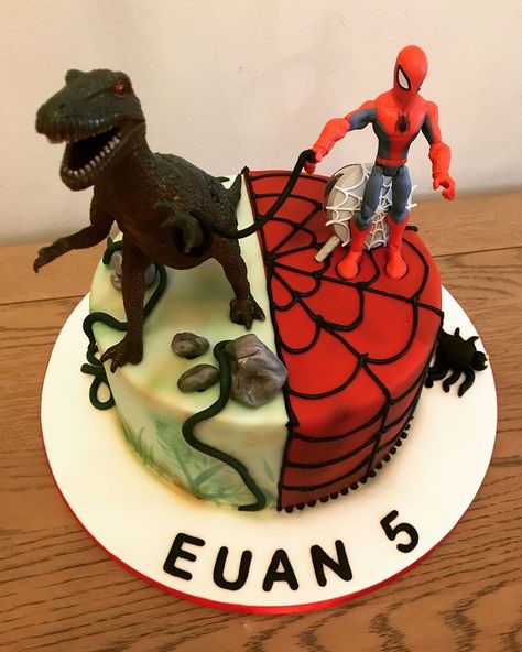 Dinosaur and Spider-Man cake | Cake, Dinosaur cake, Spiderman cake Spider Man Dinosaur Cake, Dinosaur And Spiderman Cake, Superhero Dinosaur Party, Spiderman Dinosaur Cake, Dinosaur Superhero Cake, Spiderman Dinosaur Party, Spider Man Cakes For Boys, Spidey Cake, Spider Man Cake