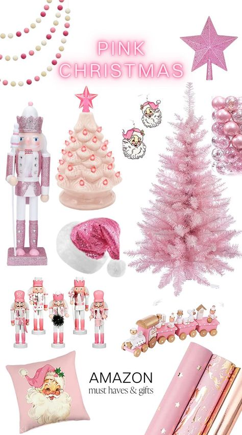 Pink Christmas Decor from Amazon! These are all affordable Christmas decorations including a pink Christmas tree, pink nutcracker, pink ornaments, pink ceramic light up tree, pink Santa earrings, pink train and Santa pillow, a pink glitter star and of course pink wrapping paper. Nutcracker Pink, Pink Train, Pink Xmas Tree, Decor From Amazon, Christmas Tree Pink, Pastel Christmas Decor, Pink Ornaments, Pink Christmas Decor, Santa Earrings