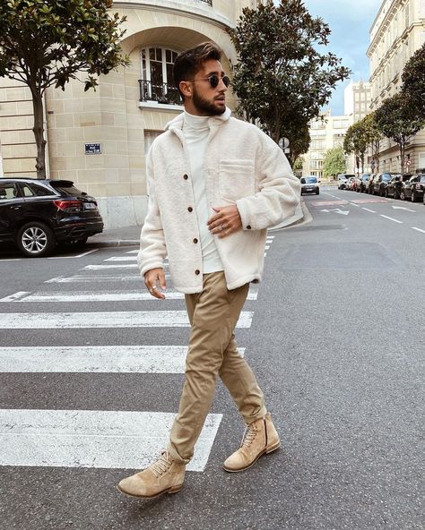 Neutral Men Outfit Ideas, Zara Men Winter Mens Fashion, Mens Neutral Fall Outfit, Men’s Neutral Fashion, Cream Monochrome Outfit Men, Mens Neutral Fashion, Neutral Men’s Outfits, Neutral Mens Outfits Family Photos, Beige Turtleneck Outfit Men