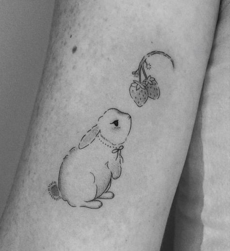 Strawberry Bunny Tattoo, Bunny And Butterfly Tattoo, Bunny Eating Strawberry Tattoo, Kawaii Bunny Tattoo, Bunny Holding Flower Tattoo, Ghibli Dust Bunnies Tattoo, Strawberry Bunny, Bunny Tattoo, Bunny Tattoos