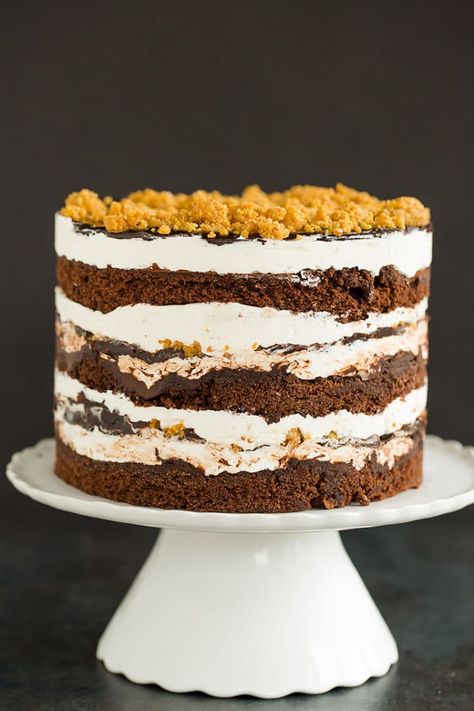 S'mores Layer Cake (Milk Bar style!) | Brown Eyed Baker Frosting Fudge, Chocolate Fudge Sauce, Smores Cake, Dark Chocolate Fudge, Marshmallow Frosting, Naked Cakes, Milk Bar, Fudge Sauce, Toasted Marshmallow