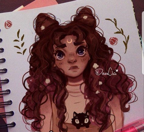 Darker girl with space buns and long wavy curly pretty hair little flowers moon turtle neck and overalls brown Space Buns Illustration, Space Bun Hair Drawing, Long Curly Hairstyles Drawing, Space Bun Drawing Reference, Space Buns Drawing Anime, Hair With Flowers Drawing, How To Draw Puffy Hair, How To Draw Space Buns, Long Fluffy Hair Drawing Reference