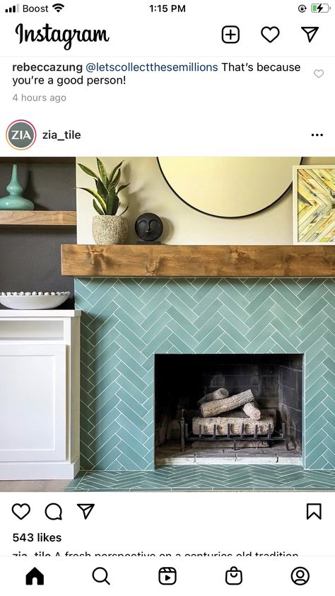 Blue Tile Fireplace Ideas, Fireclay Tile Fireplace, Moroccan Tile Fireplace Surround, Tiled Fireplace With Wood Mantle, Beachy Fireplace Ideas, Tile Fireplace With Wood Mantle, Blue Tile Fireplace, Fireplace Makeover Tile, Green Tile Fireplace