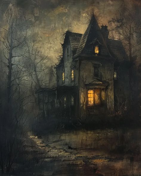 Midjourney AI Image: very detailed sharp image ,vintage, aged oil painting of a haunted house. canvas texture, dark moody... → more in ai-img-gen.com Scary House Painting, Haunted Forest Painting, Gothic Architecture Painting, Hunted House Draw, Haunted Paintings, Creepy Painting Ideas, Haunting Paintings, Oil Painting Aesthetic Dark, Gothic Art Painting