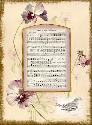 Hymn ~ Great is Thy Faithfulness in pansy frame. Encouragement Verses, Gospel Song Lyrics, Christian Hymns, Great Is Thy Faithfulness, Hymns Of Praise, Hymn Music, Music Crafts, Praise Songs, Country Church