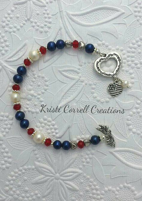 Patriotic red white and blue bracelet Red by KCorrellCreations White And Blue Bracelet, Blue Pearl Bracelet, Bracelet Arm, Patriotic Jewelry, Candy Red, July Fourth, Freshwater Pearl Bracelet, Homemade Jewelry, Holiday Jewelry