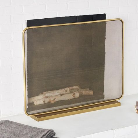 Gold Metal 1 Panel Geometric Fireplace Screen with Rounded Edges and Rectangular Base - On Sale - Bed Bath & Beyond - 40024686 Empty Fireplace Decor, Diy Tv Cover, Fireplace Screen Ideas, Geometric Fireplace, Mantle Tv, Modern Fireplace Screen, Panel Fireplace, Coastal Fireplace, Fireplace Area