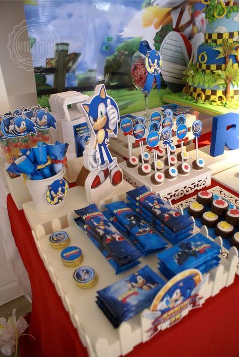 "SONIC" - 6 th Birthday Birthday Party Ideas | Photo 2 of 18 | Catch My Party Sonic Treat Table, Sonic Birthday Table Ideas, Super Sonic Party Ideas, Sonic Candy Table, Sonic Party Treats, Sonic Pool Party Ideas, Sonic The Hedgehog Pool Party, Knuckles Birthday Party Ideas, Sonic Treats Ideas