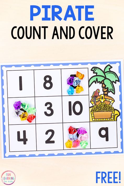 This pirate count and cover math activity would be perfect for your preschool or kindergarten math centers. It is a fun, hands-on way to learn to count! #preschool #kindergarten #mathcenters Spring Math Activities Preschool, Pirate Maths Activities, Pirate Activities Preschool, Pirate Activity, Pirate Maths, Prek Themes, Pirate Preschool, Math Counting Activities, Spring Math Activities