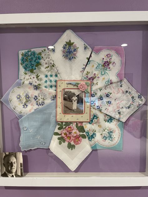 Things To Make With Vintage Hankies, Handkerchief Crafts Diy, Hanky Crafts Ideas, Vintage Hankies Ideas, Hankerchief Display Ideas, Vintage Hankies Repurposed, Hankies Ideas, Handkerchief Display, Handkerchiefs Crafts