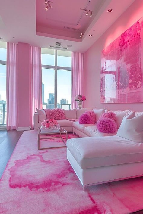 Pink Modern Apartment, Pink Room Decor Ideas, Pink Dining Rooms, Beautiful Dorm Room, Pink Apartment, Loft Designs, Pink Bedroom Design, Open Floor Plans, Aesthetic House