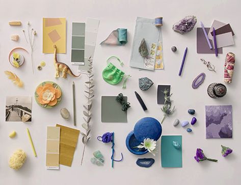 Knick knacks and baubles organized by color on a white wall. 2022 Color Trends, Interior Color Schemes, Benjamin Moore Colors, Cool Undertones, Color Pairing, Thought Process, Color Samples, White Wall, Color Of The Year