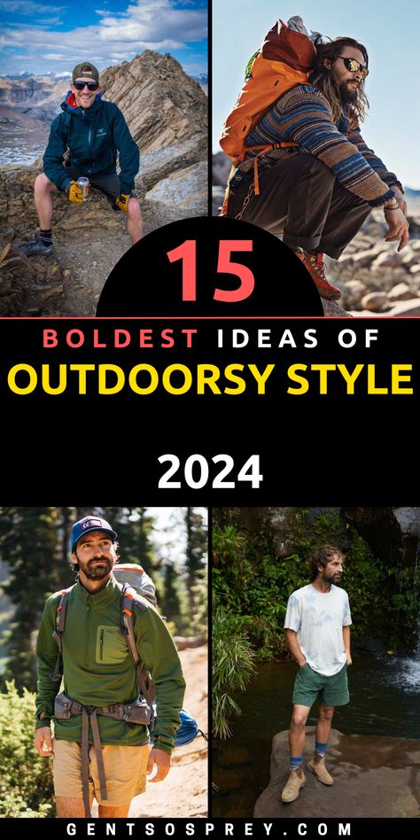 Explore the great outdoors in style with our top 15 outdoorsy men's looks for the adventurous spirit of 2024. Whether you're embracing the summer sun or conquering the winter chill, our curated collection of outfits has got you covered. From hipster-inspired ensembles to practical and comfortable pants, we have the perfect outdoor attire to suit your needs. Stay cool and trendy in summer 2024 with our versatile options. Mountain Outfit Summer Men, Mens Camping Outfits Summer, Hiking Style Mens, Camping Outfits Men Outdoor, Summer Hiking Outfit Men, Men Hiking Outfit Summer, Men Camping Outfits, Outdoor Fashion Men, Men’s Hiking Fashion