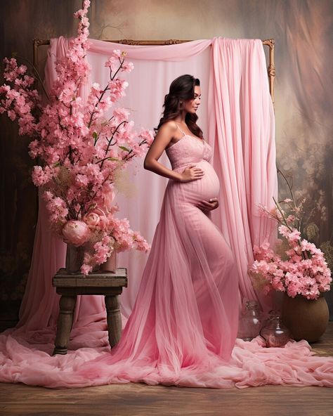 Maternity Photoshoot Theme Ideas, Colorful Maternity Shoot, Drape Photoshoot, Shoot Setup, Pink Maternity Gown, Maternity Gown Photography, Maternity Shoot Outfit, Pink Maternity Dress, Maternity Backdrop