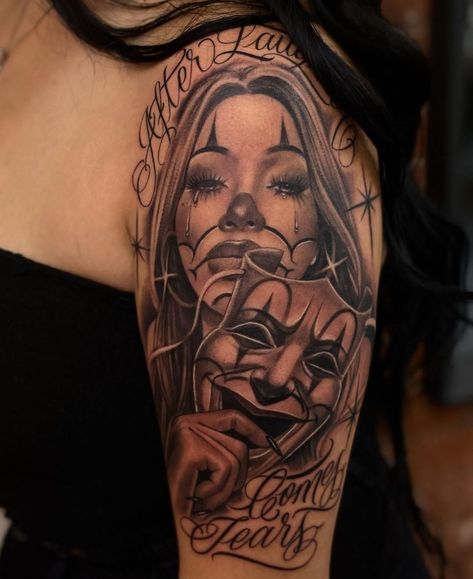 Female Inner Forearm Tattoo, Afro Latina Tattoo Ideas, Girly Shoulder Tattoo, Laugh Now Cry Later Tats Feminine, Smile Now Cry Later Tats Women, Simple Mens Tattoos, Chicano Tattoo Designs, Chicano Sleeve, Girly Sleeve Tattoo