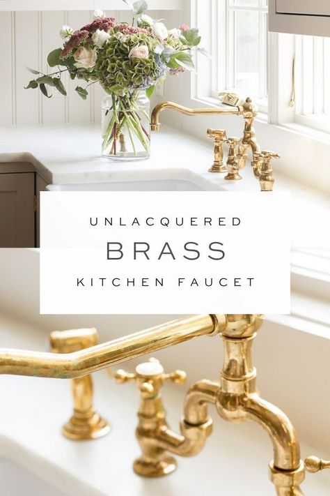 Get the details on purchasing an unlacquered brass kitchen faucet (also known as uncoated brass or a living finish), including where to shop, what to look for, and what to expect as it ages! #brass #home #unlacqueredbrass #kitchenfaucet #homerenovation #kitchen #faucet Gold Faucet Kitchen, Brass Kitchen Faucets, Unlacquered Brass Kitchen Faucet, Unlacquered Brass Kitchen, 70’s House, Unlacquered Brass Faucet, Cabin Remodel, Brass Faucets, Gold Faucet