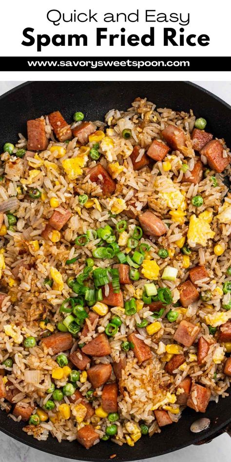 Spam Fried Rice is a fusion of savory flavors that combines the rich, umami taste of Spam with perfectly seasoned rice stir-fried to golden perfection. This mouthwatering dish can be made in under 15 minutes! Fried Rice Recipe Spam, Fried Rice With Spam And Egg, Spam Fried Rice Recipe Korean, Spam And Egg Fried Rice, Spam And Ramen Noodles, Easy Spam Fried Rice, Hawaiian Spam Fried Rice, Spam Pasta Recipes, Spam Stir Fry Recipes